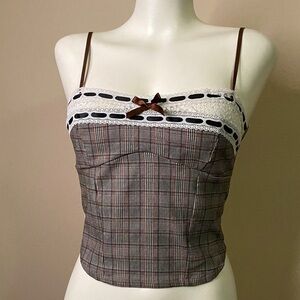MOA MOA Plaid Bustier corset Lace Trim ribbon straps top M 🖤